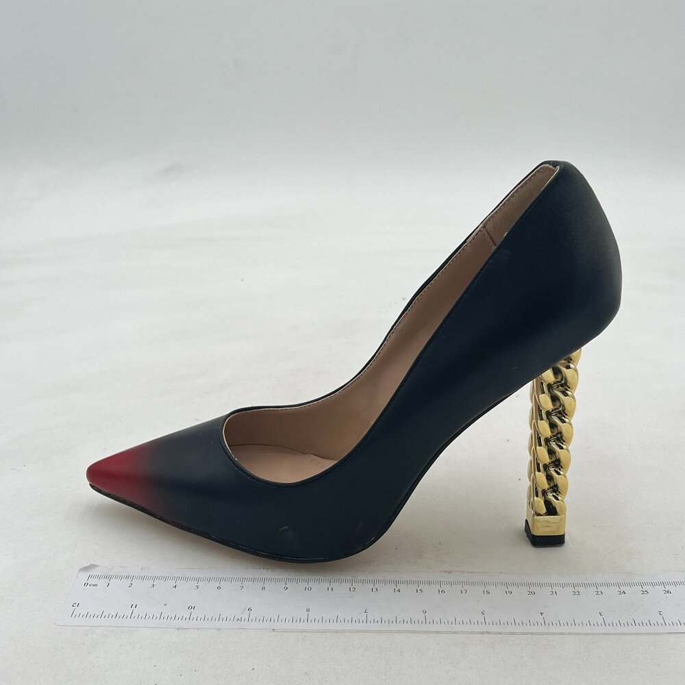 Black Pointed Toe Pump with Red Tip and Gold Chain Heel